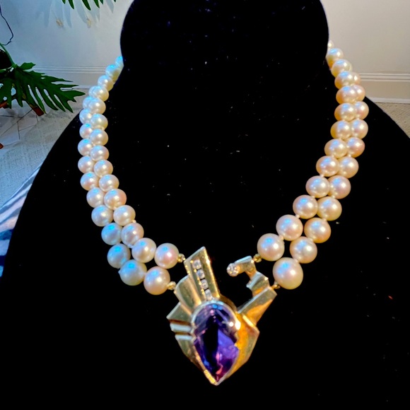 Jewelry - Vintage 14k gold diamond pearl amethyst necklace